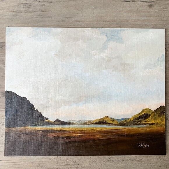 Framed Original Oil Landscape Painting Moody Mountain Lake Neutral Signed 9x11" - Picture 5 of 8